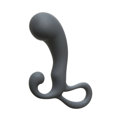 Gray silicone Optimale P-Spot Massager with ergonomic curved design and dual rings for comfortable prostate stimulation.