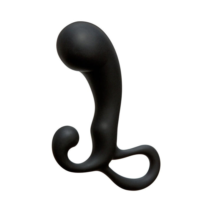 Black silicone Optimale P-Spot Massager with ergonomic curved design and pull ring for prostate and perineal stimulation.