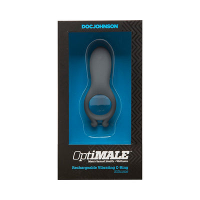 OptiMALE Rechargeable Vibrating C-Ring in black silicone displayed in black and blue retail packaging.
