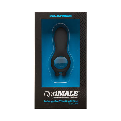 OptiMALE Rechargeable Vibrating C-Ring in black silicone displayed in black and blue retail packaging by Doc Johnson.