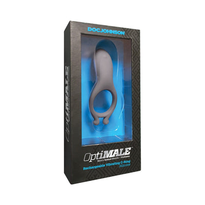 OptiMALE Rechargeable Vibrating C-Ring in black packaging with clear window showing soft silicone ring inside.