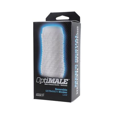 OptiMALE reversible ULTRASKYN stroker in frosted white packaging with men's health and wellness branding.