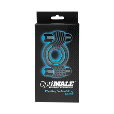 Packaging of OptiMALE Vibrating Double C-Ring in slate silicone with dual textured vibrating bullets shown on front.