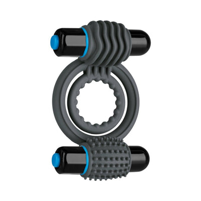 Slate gray silicone double vibrating C-ring with textured sleeves and removable black bullets with blue buttons.