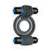 Slate gray silicone double vibrating C-ring with textured sleeves and removable black bullets with blue buttons.