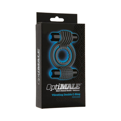 Packaging box of OptiMALE Vibrating Double C-Ring in slate silicone with dual textured vibrating bullets shown on front.