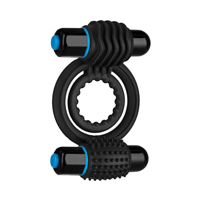 Slate-colored silicone double C-ring with two textured vibrating bullets and push-button controls.