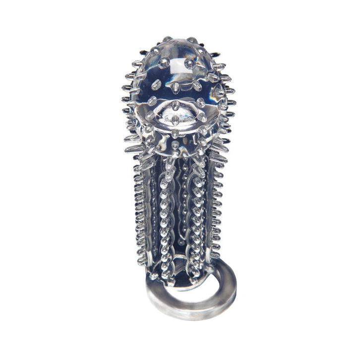 Clear textured stimulator extension with nubs and attached ring for enhanced comfort and performance.