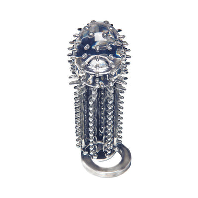 Clear textured stimulator extension with nubs and attached ring for enhanced comfort and performance.