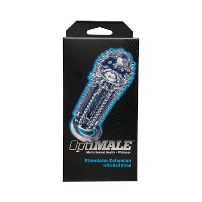 OptiMale Stimulator Extension with ball strap in clear textured design on black packaging box.