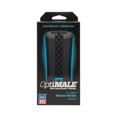 OptiMALE black silicone stroker with beaded texture in retail packaging highlighting soft, lifelike TRUSKYN material.