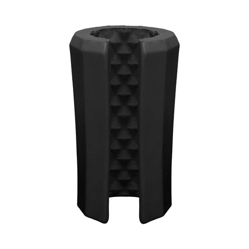 Black silicone stroker with textured beaded interior and open-ended design for easy cleaning.