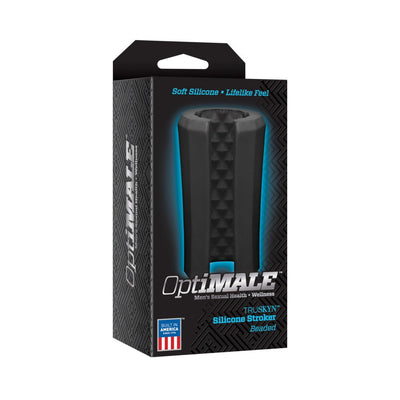 Black Optimale Truskyn silicone stroker with beaded interior shown in branded packaging box.