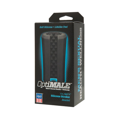 Black Optimale Truskyn silicone stroker with beaded texture shown in branded packaging box.