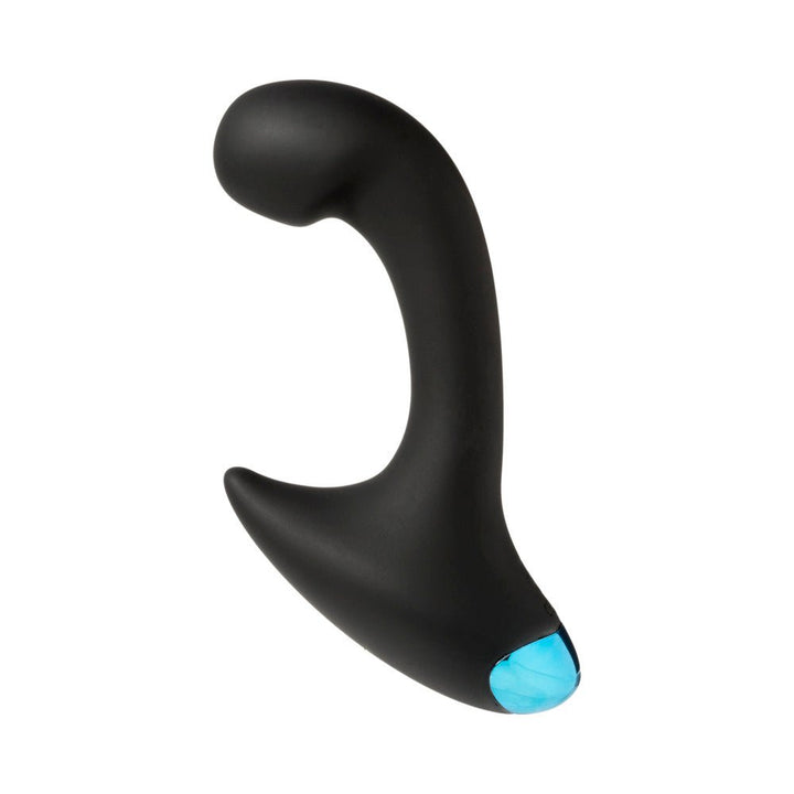 Black curved vibrating P-massager with a blue accent at the base, designed for targeted stimulation and wireless control.
