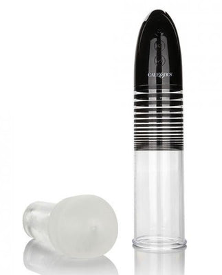 Sleek black and clear automatic penis pump with detachable soft silicone sleeve and touch control buttons.