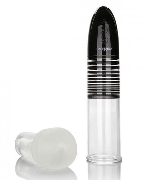 Sleek black and clear automatic penis pump with detachable soft silicone sleeve and touch control buttons.