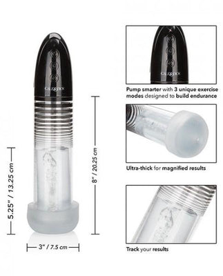 Black automatic smart penis pump with clear cylinder, thick open end sleeve, and touch control buttons shown with size measurements.