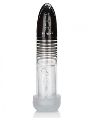 Sleek black and clear automatic smart penis pump with touch controls and a thick open-end sleeve for enhanced suction and stimulation.