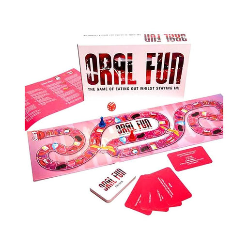 Oral Fun board game with pink winding path, cards, dice, and instruction sheet for couples' intimate play.