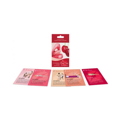 Oral Sex Card Game packaging with five colorful instructional cards displayed, featuring illustrated couples and technique descriptions.