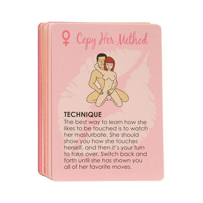 Stack of pink instructional cards titled Copy Her Method with illustrated couple and technique tips for intimate connection.