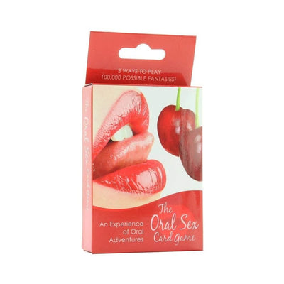 Box of The Oral Sex Card Game featuring red lips and cherries on the cover with text highlighting 3 ways to play and oral adventures.