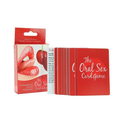 Red box and deck of The Oral Sex Card Game featuring lips and cherry design on packaging.