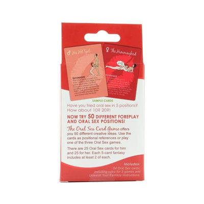 Back view of Oral Sex Card Game packaging showing sample cards and product description in red and white design.