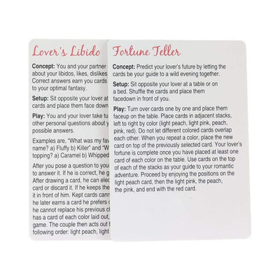 Two instructional cards from the Oral Sex Card Game detailing the Lover's Libido and Fortune Teller gameplay concepts and rules.
