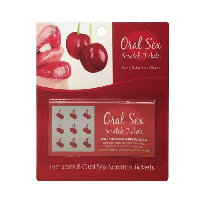 Red and white packaging of Oral Sex Scratch Tickets featuring cherry graphics and glossy red lips illustration.