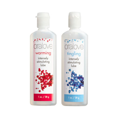 Two 1 oz bottles of Oralove warming and tingling intensely stimulating water-based lubricants with red and blue label designs.