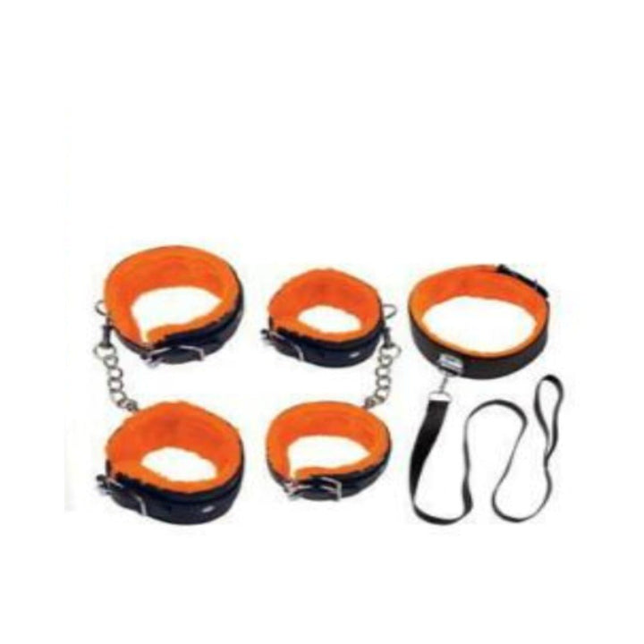 Orange and black adjustable wrist and ankle cuffs with collar and leash restraint kit laid out on white background.