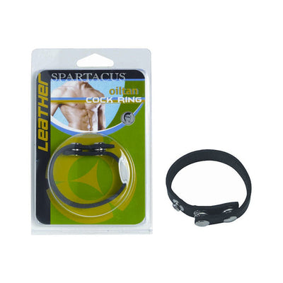 Black leather adjustable cock ring with metal snaps, shown both in packaging and outside.