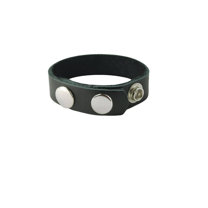 Black leather cock ring with silver snap button closures for adjustable fit and comfort.