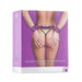 Packaging of adjustable purple leather handcuffs shown on model wearing minimal black lingerie from the back.