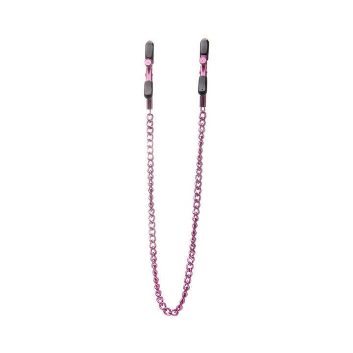 Adjustable purple metal nipple clamps connected by a 14-inch chain with black rubber tips for comfort.