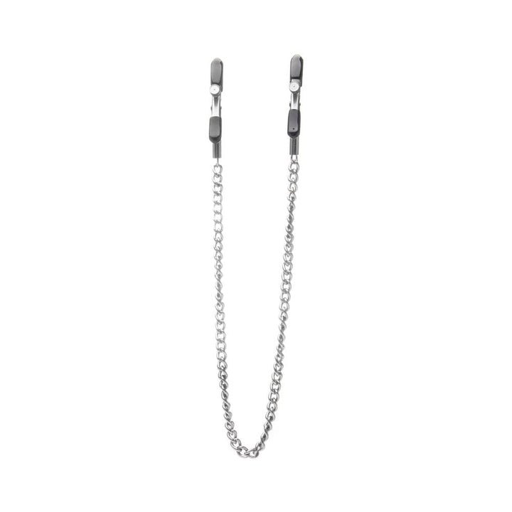 Adjustable stainless steel nipple clamps connected by a 14-inch silver chain with black silicone tips.