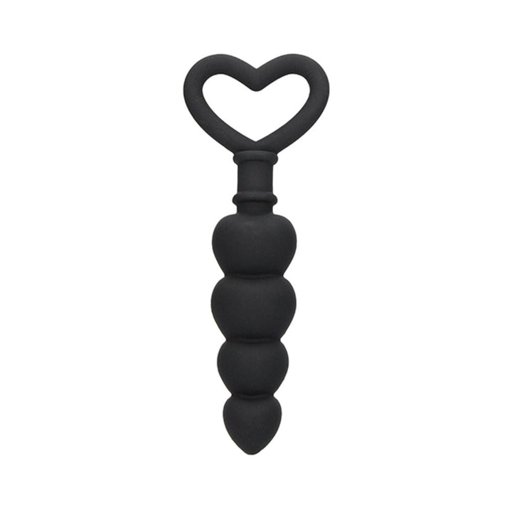 Black silicone anal beads with graduated heart-shaped design and heart-shaped handle for easy grip.