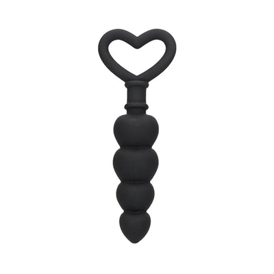 Black silicone anal beads with graduated heart-shaped design and heart-shaped handle for easy grip.