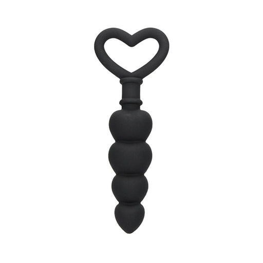 Black silicone anal beads with graduated heart-shaped design and heart-shaped handle for easy grip.