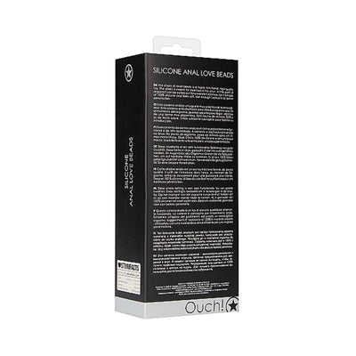 Black packaging box of Ouch Silicone Anal Love Beads with product details and branding on a white background.