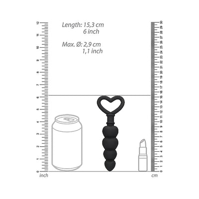 Black silicone anal beads with heart-shaped handle, shown next to a soda can and lipstick for size comparison.
