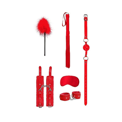 Red beginners bondage kit with feather tickler, flogger, ball gag, hand and leg cuffs, and satin eye mask.