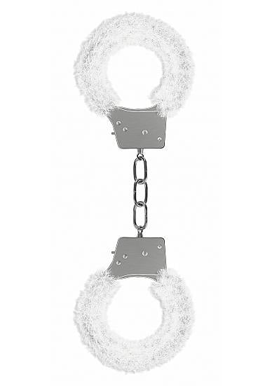 White furry handcuffs with metal chain and quick-release locking mechanism for beginner playful restraint.