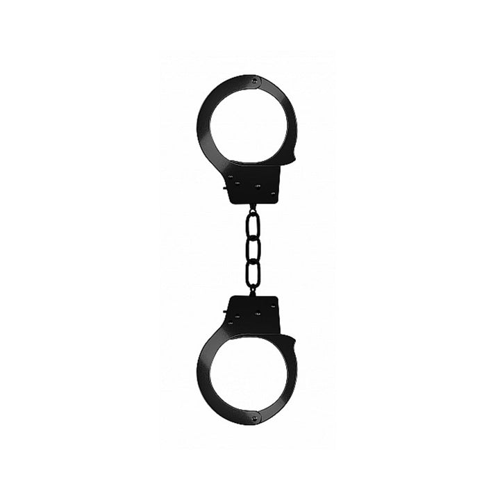 Black metal beginner's handcuffs with a short chain and quick-release locking mechanism.