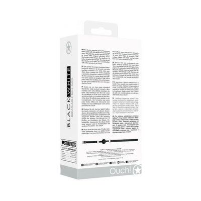 Packaging box of Ouch! Black & White breathable ball gag with bonded leather straps showing product details and description.