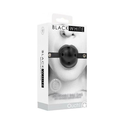Packaging of Ouch! Black & White breathable ball gag with bonded leather straps shown on a black and white photo of a person wearing the gag.