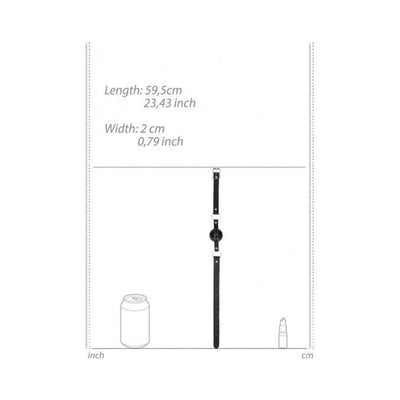 Black and white breathable ball gag with bonded leather straps shown with size dimensions and comparison to a soda can and lipstick.
