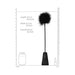 Black and white feather tickler crop with bonded leather handle shown with size measurements and comparison to a soda can and lipstick.